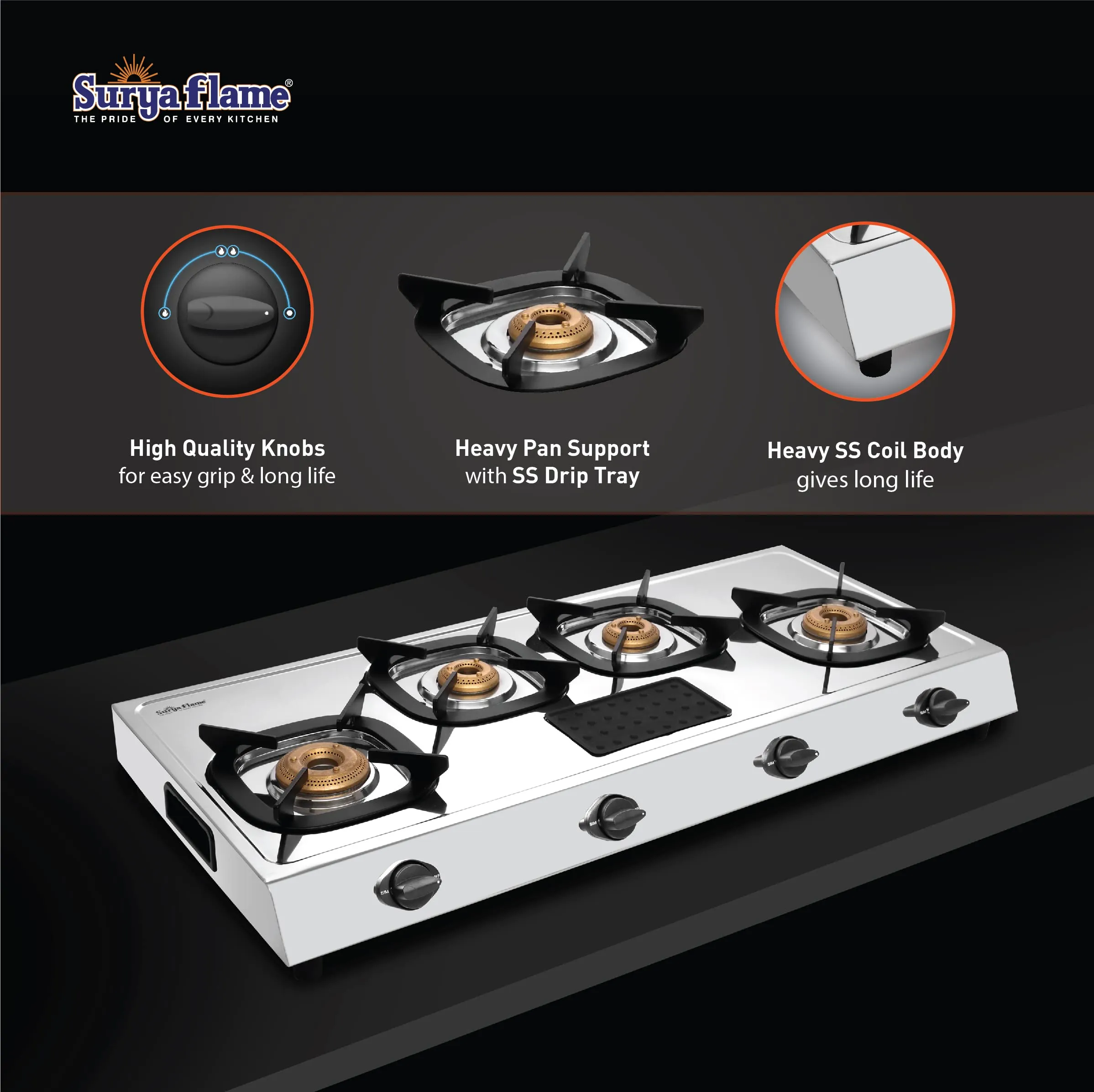 Surya Flame Force Gas Stove LPG Stove with Stainless Steel Pan Support Anti Skid Rubber Legs - 2 Years Complete Doorstep Warranty (4 Burner, 2)