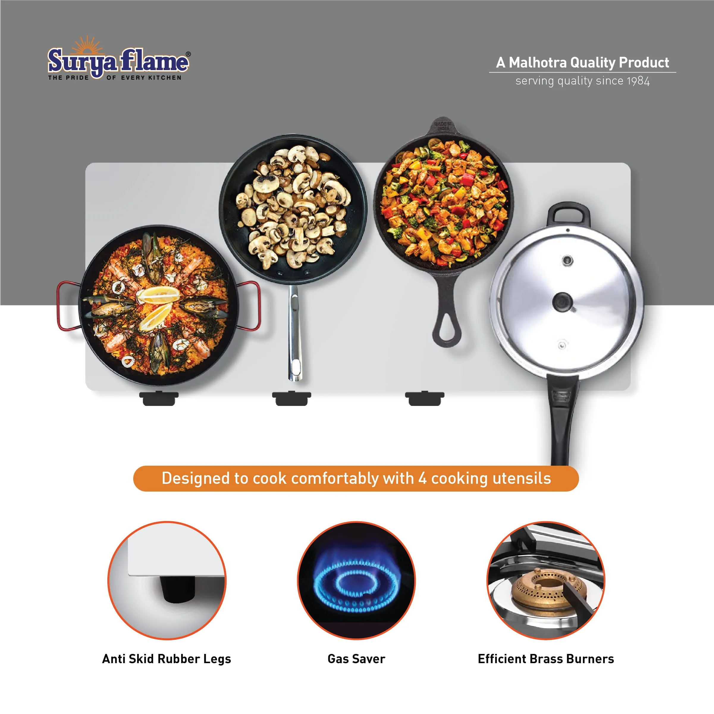 Surya Flame Force Gas Stove LPG Stove with Stainless Steel Pan Support Anti Skid Rubber Legs - 2 Years Complete Doorstep Warranty (4 Burner, 2)