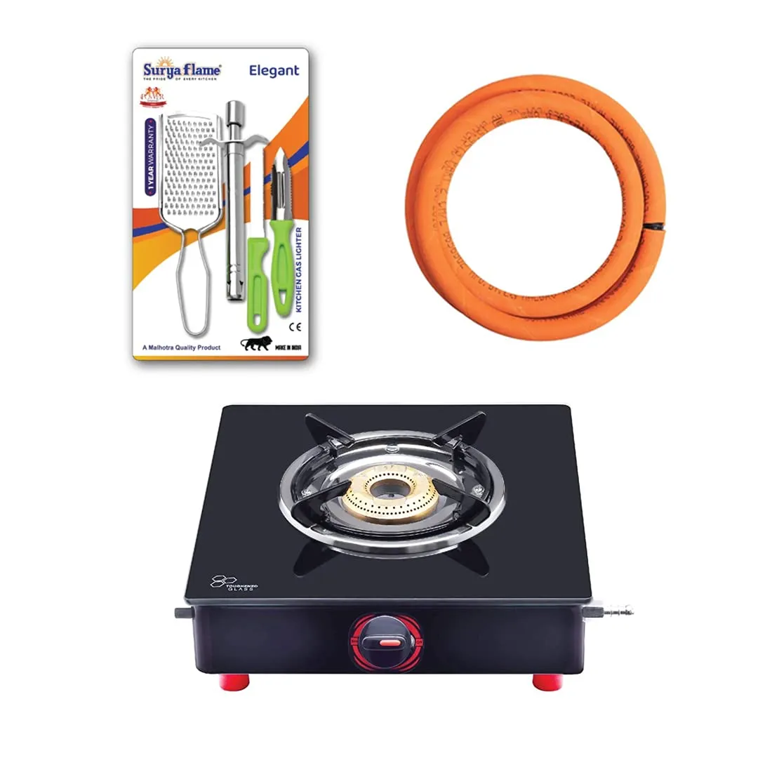 Surya Flame Smart Gas Stove 1 Burner Glass Top PNG Stove | LPG Gas Dual Layer Rubber Hose Pipe 1.5M | Stainless Steel Elegant Gas Stove Lighter With Knife, Peeler Knife and Shredder (Pack of 4)