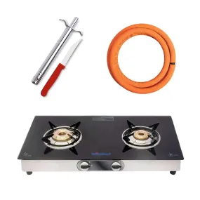 Surya Flame Supreme Gas Stove 2 Burners Glass Top LPG Stove | LPG Gas Dual Layer Rubber Hose Pipe 1.5M | Premier Stainless Steel Gas Lighter with Knife