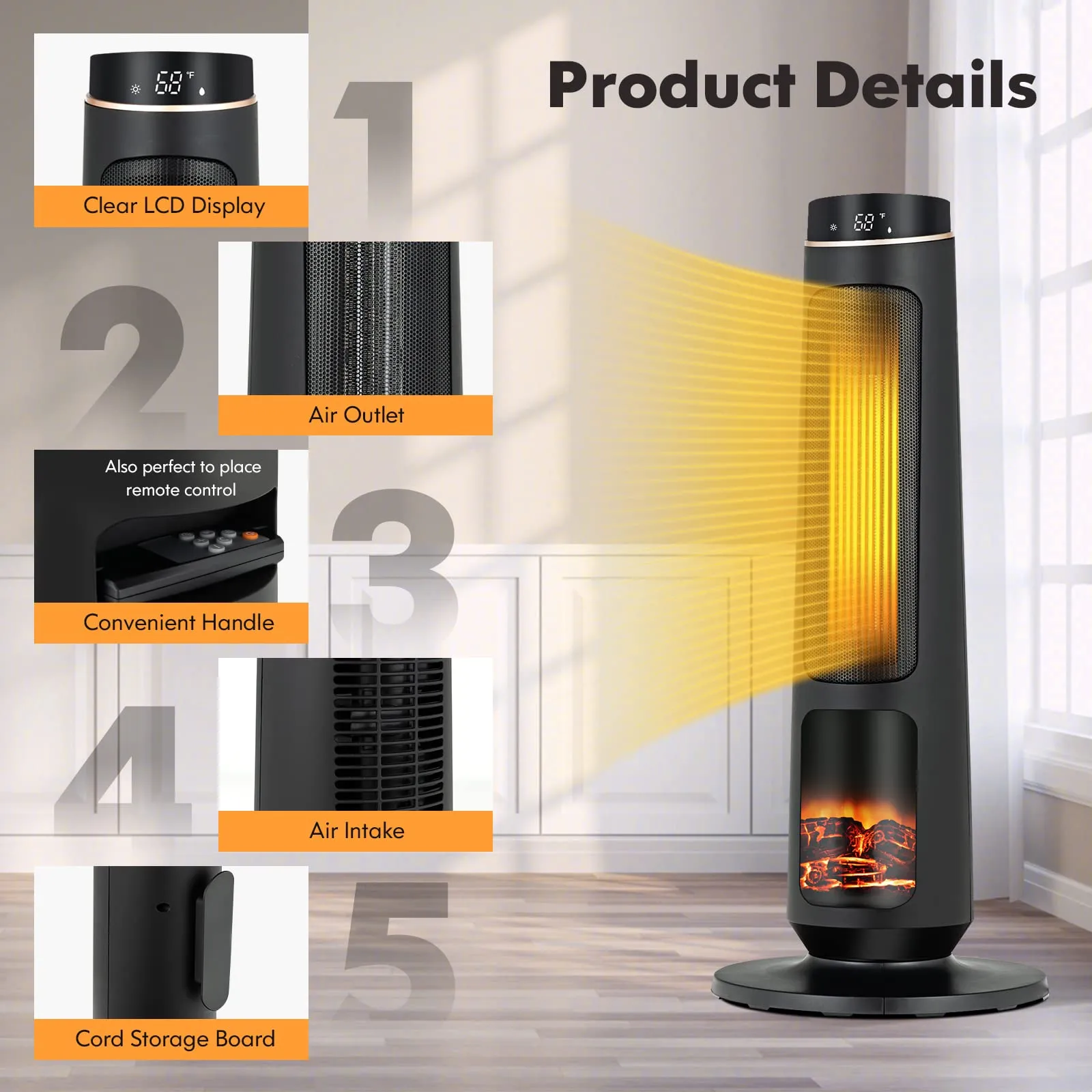 Tangkula 1500W Oscillating Space Heater, Fast Heating Ceramic PTC Tower Heater with Thermostat