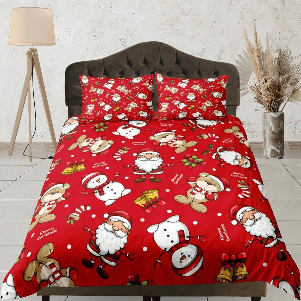 Teddy bear and santa claus red duvet cover set, christmas full size bedding & pillowcase, college bedding, toddler bedding, holiday gift