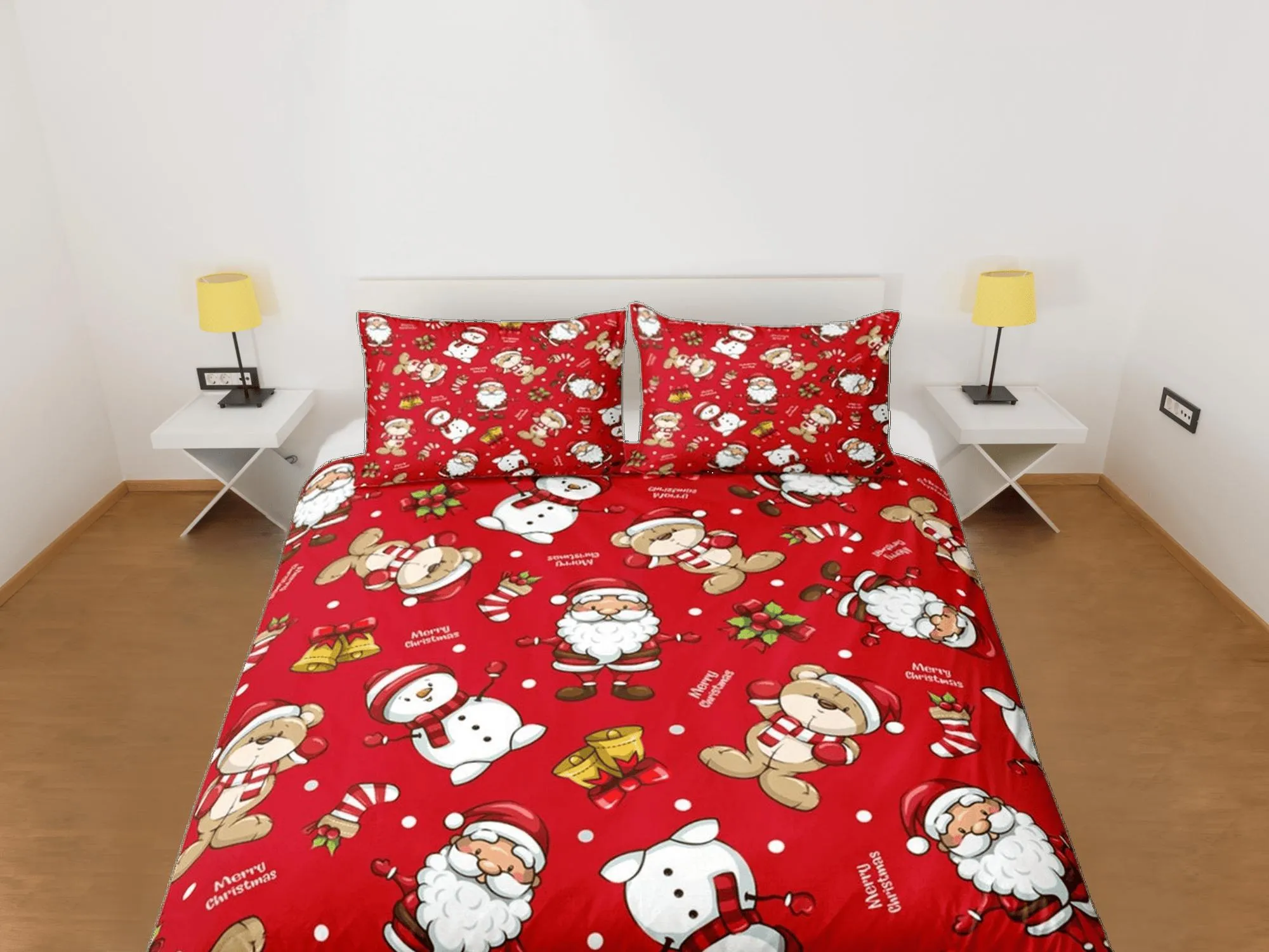 Teddy bear and santa claus red duvet cover set, christmas full size bedding & pillowcase, college bedding, toddler bedding, holiday gift