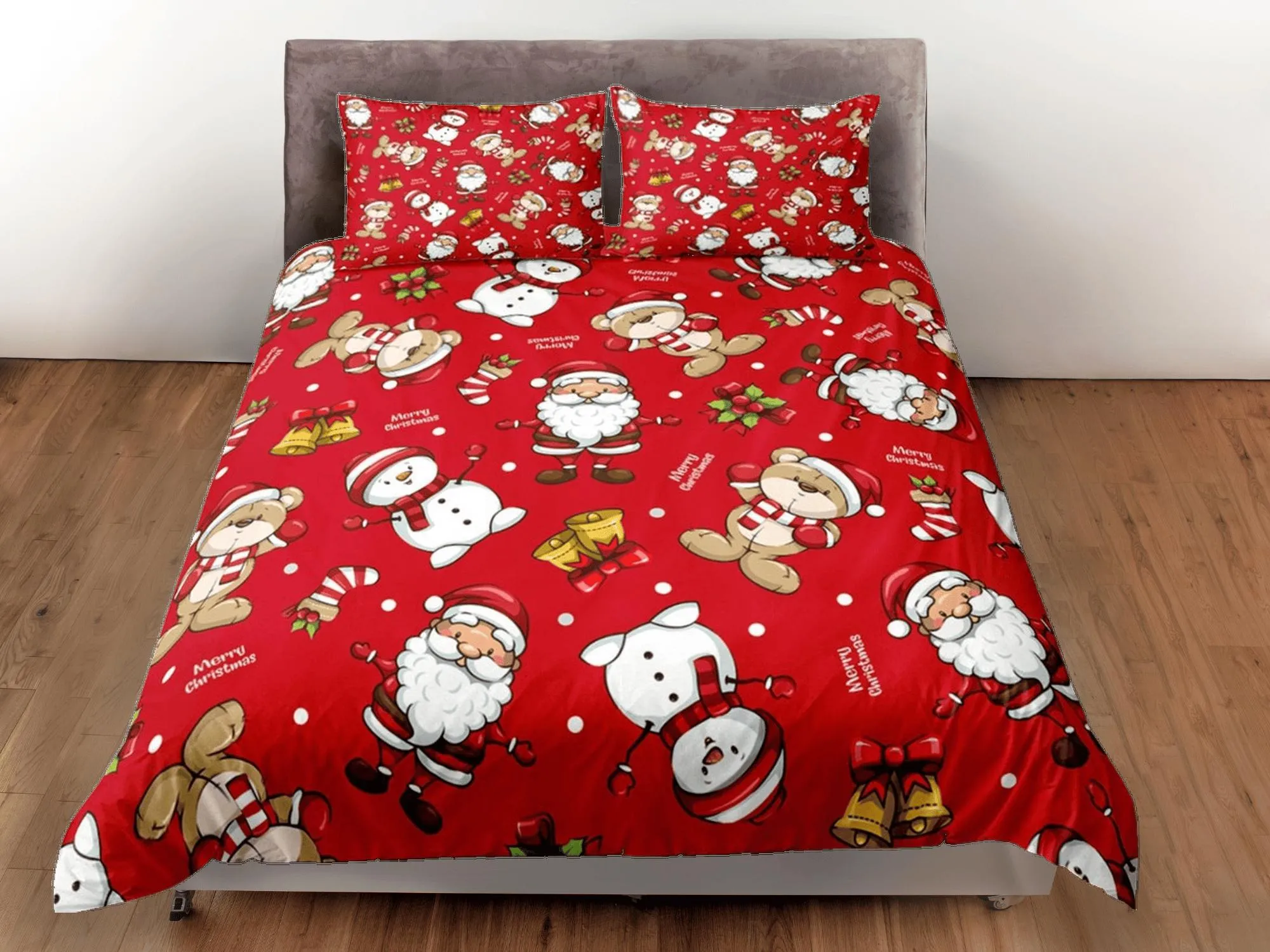 Teddy bear and santa claus red duvet cover set, christmas full size bedding & pillowcase, college bedding, toddler bedding, holiday gift