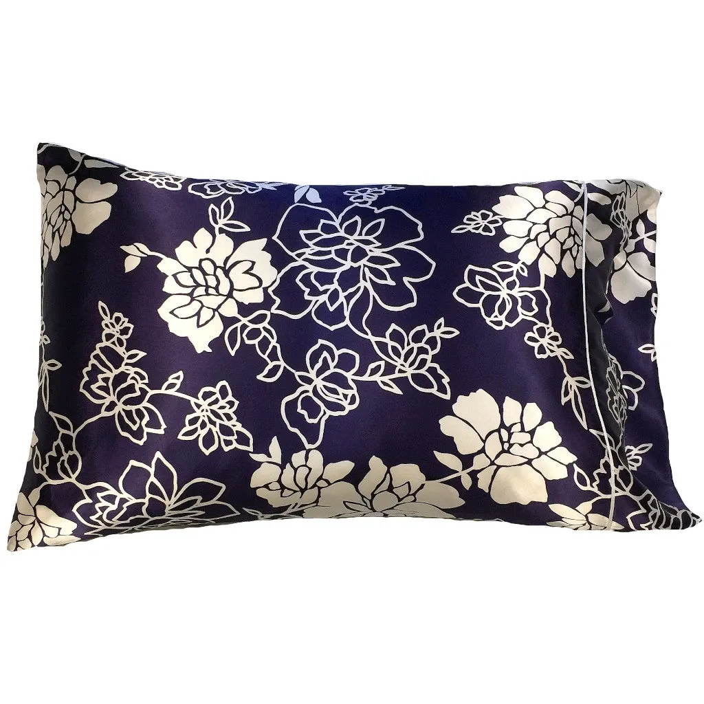 Throw Pillow. Navy Blue and White Flowers and White Etched Flowers.