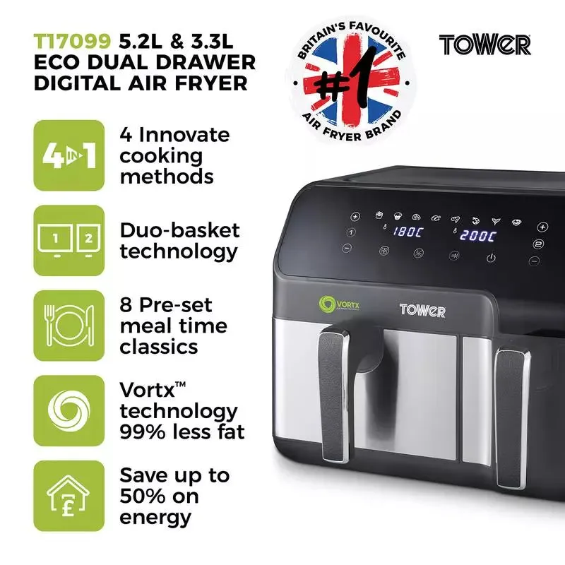 Tower T17099 8.5 Litre Vortx Eco Duo Basket Air Fryer Black Digital 5.2L 3.3L