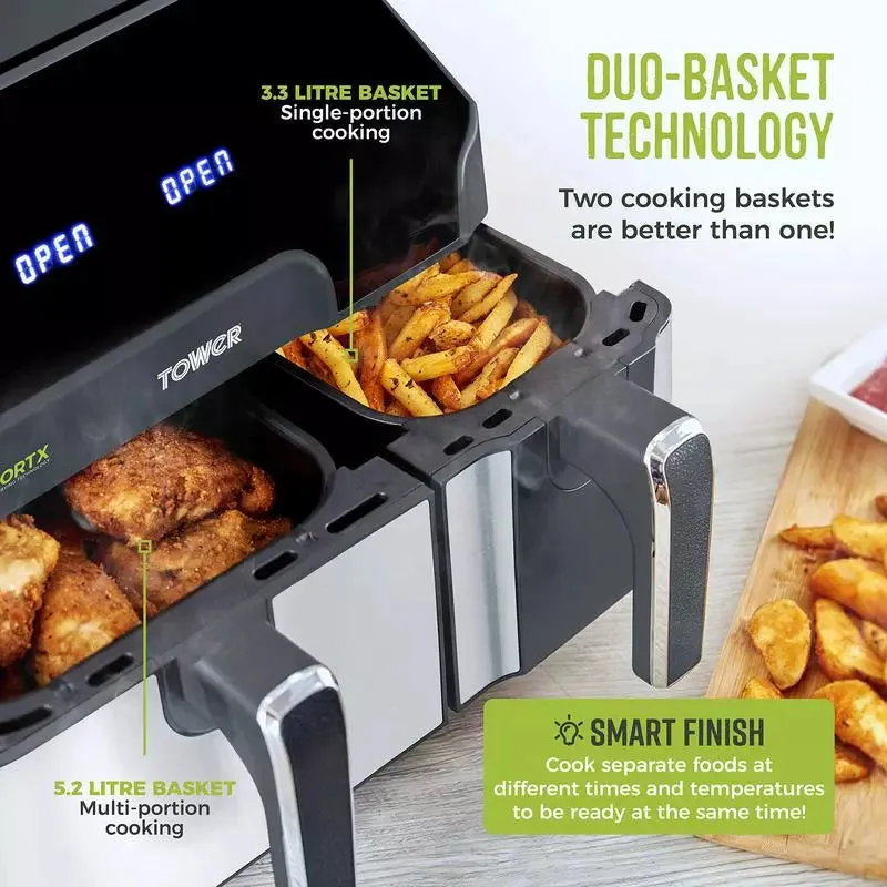 Tower T17099 8.5 Litre Vortx Eco Duo Basket Air Fryer Black Digital 5.2L 3.3L