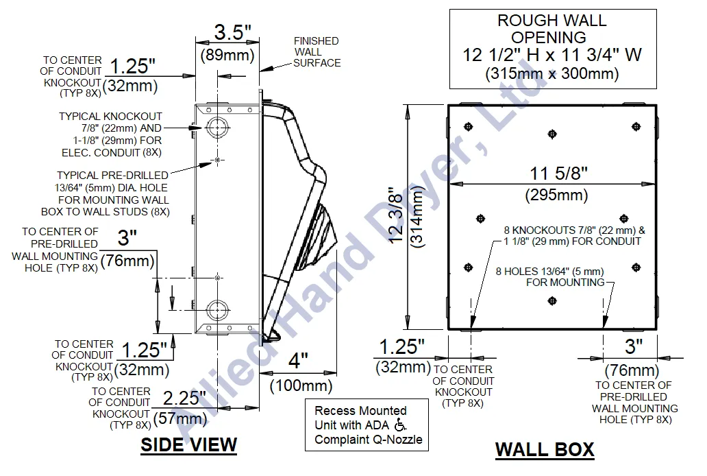 WORLD DRYER® RA52-Q974 Model A Series Hand Dryer - Cast-Iron White Porcelain Push Button Recessed (115V - 15 Amp)