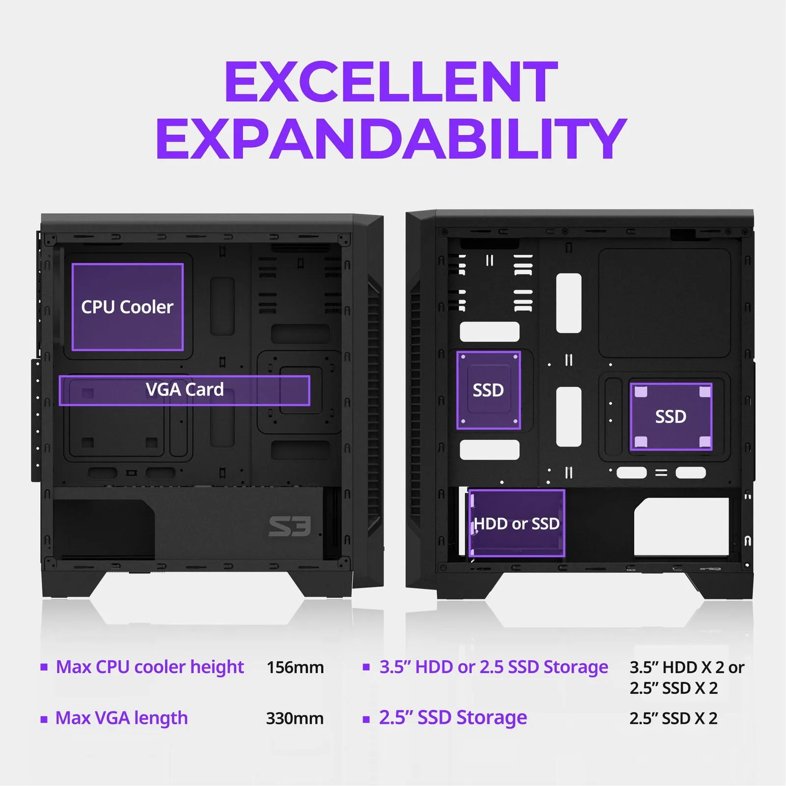 Zalman S3 TG ATX Mid-Tower PC Case 3 x Fans w/ Tempered Glass Side Panel